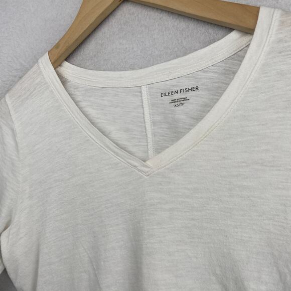 EILEEN FISHER Top XS Slub Organic Cotton Jersey V-Neck Elbow Sleeve White - Picture 2 of 10